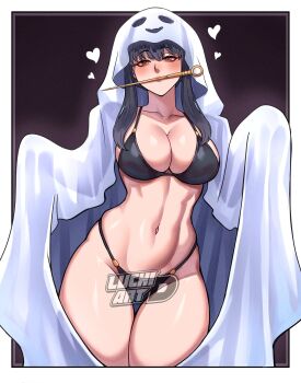1girl bikini black_bikini black_hair breasts collarbone commentary commission contrapposto dagger ghost_costume heart highres knife large_breasts luchidart mouth_hold navel red_eyes solo spy_x_family stiletto_(weapon) swimsuit thick_thighs thighs watermark weapon yor_briar