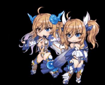 2girls :o ahoge alternate_costume alternate_form animated animated_gif bare_shoulders blonde_hair blue_eyes boots breasts chibi cleavage detached_sleeves female_focus fingerless_gloves fishnets full_body gloves glowing glowing_eye heterochromia high_heel_boots high_heels highleg highleg_leotard horns large_breasts leotard leotard_tug lilith-soft long_hair long_sleeves looking_ahead looking_to_the_side lowres multiple_girls multiple_persona nail_polish onizaki_kirara onizaki_kirara_(future) red_eyes revealing_clothes see-through_clothes simple_background standing taimanin_(series) taimanin_rpgx teamwork thick_thighs thighhighs thighs twintails very_long_hair wide_hips