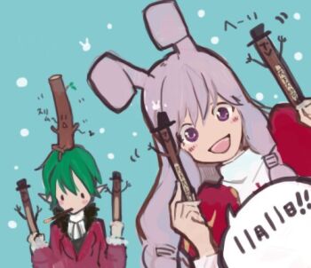 Rule 34 | 1boy, 1girl, animal ears, blue background, blush, coat, commentary request, dress, food, gobaku no hito, greatest general (ragnarok online), green hair, high priest (ragnarok online), holding, holding stick, long hair, looking at viewer, lowres, minstrel (ragnarok online), open mouth, pocky, pocky day, pointy ears, purple eyes, purple hair, rabbit ears, rabbit girl, ragnarok masters, ragnarok online, red coat, red dress, smile, stick, upper body