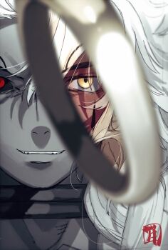 1boy black_sclera braid close-up colored_sclera commentary_request dark-skinned_male dark_skin fate/grand_order fate_(series) hair_between_eyes highres jewelry long_hair looking_at_viewer male_focus open_mouth partially_colored red_eyes ring sksk_sn09 smile solomon_(fate) white_hair yellow_eyes