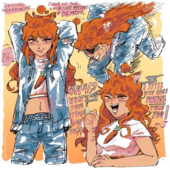 Rule 34 | 1girl, absurdres, animal ears, arm behind head, blue jacket, blue pants, carrot print, curly hair, denim, denim jacket, english text, food print, highres, horse ears, horse girl, horse race tests, jacket, jovial merryment, long hair, looking at viewer, marshoworld, midriff, multiple views, navel, open mouth, orange eyes, orange hair, pants, print shirt, running, shirt, smile, smoking, solo, teeth, upper body, white shirt