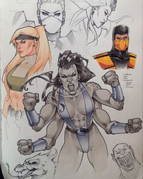 2boys 4girls abs baraka black_headband bracer breasts clenched_hands commentary crop_top dragon earrings extra_arms folding_fan hand_fan hashtag-only_commentary headband jewelry kasia_nie mask medium_breasts midriff mileena_(mortal_kombat) mohawk mortal_kombat_(series) mouth_mask multicolored_hair multiple_boys multiple_girls muscular muscular_female open_mouth partially_colored ponytail scorpion_(mortal_kombat) sharp_teeth sheeva sindel sketch slingshot_swimsuit sonya_blade swimsuit teeth turtleneck two-tone_hair yin_yang