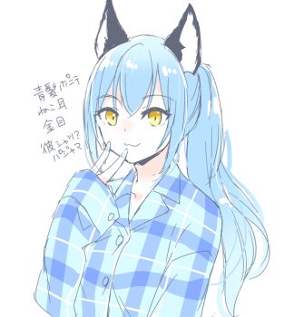 1girl :3 alternate_costume alternate_species animal_ears blue_hair blue_nails blue_shirt cat_ears cat_girl closed_mouth collarbone doodles flat_chest hair_between_eyes long_hair long_sleeves looking_at_viewer mizuki_riko multicolored_shirt plaid_clothes plaid_shirt rimuru_tempest shirt simple_background sleeves_past_wrists smile solo tensei_shitara_slime_datta_ken upper_body white_background yellow_eyes