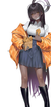 1girl absurdres ahoge alternate_costume belt black_boots black_hair blue_archive blue_halo boots casual chest_belt dark-skinned_female dark_skin food halo highres holding holding_food jacket karin_(blue_archive) knee_boots long_hair not_forever2w off_shoulder open_clothes open_jacket pleated_skirt purple_halo shirt skirt solo taiyaki wagashi white_shirt