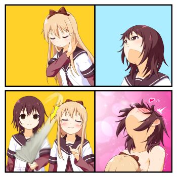 2girls :3 absurdres blonde_hair blush bow brown_eyes brown_hair closed_eyes closed_mouth commentary dated drakeposting_(meme) empty_eyes english_commentary fujino_mariya funami_yui hair_bow hand_fan harisen head_back heart highres long_hair long_sleeves looking_up meme multiple_girls nanamori_school_uniform nude school_uniform short_hair toshinou_kyouko upper_body upward_angle_frieren_drawing_(meme) yuri yuruyuri