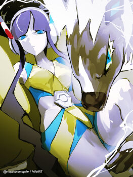 1girl black_background black_hair blue_eyes buckle closed_mouth commentary electricity elesa_(pokemon) gen_5_pokemon headphones highres jacket looking_at_viewer mayotsunamayo nintendo open_clothes open_jacket pokemon pokemon_(creature) pokemon_black_2_and_white_2 short_hair_with_long_locks sidelocks thighs twitter_username two-tone_shorts watermark yellow_jacket zebstrika