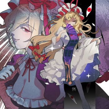 1girl black_trim blonde_hair bow breasts cleavage commentary dress duplicate fan_to_mouth full_body gap_(touhou) hair_bow hair_over_one_eye half-closed_eyes hand_fan hat hat_ribbon highres holding holding_fan holding_umbrella lips long_dress long_hair mob_cap multiple_views neck_ribbon purple_dress purple_tabard red_bow red_eyes red_ribbon ribbon skirt_hold smile sokura_(mochichitose) standing tabard touhou umbrella white_dress white_hat wide_sleeves yakumo_yukari
