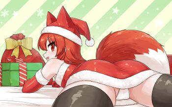 1girl akai_nana_(artist) animal_ears black_thighhighs box capelet christmas extra_ears fox_ears fox_girl fox_tail fur-trimmed_capelet fur-trimmed_headwear fur-trimmed_jacket fur-trimmed_sleeves fur_trim furrowed_brow gift gift_bag gift_box hat highres jacket looking_at_viewer open_mouth original panties red_eyes red_hair red_hat red_tail santa_costume santa_hat solo tail thighhighs underwear white_panties