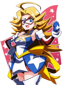 Rule 34 | 1girl, ahoge, back bow, blonde hair, blue eyes, blue gloves, blue shirt, blue skirt, bow, breasts, cleavage cutout, clothing cutout, commentary request, cowboy shot, earrings, elbow gloves, eye mask, fingerless gloves, gloves, hand on own hip, highres, jewelry, kamen america, kamen america (comic), long hair, looking at viewer, mask, medium breasts, miniskirt, multicolored gloves, open mouth, print skirt, red gloves, sakurajyousui nami, shirt, skirt, sleeveless, sleeveless shirt, smile, solo, spiked hair, standing, star (symbol), star cutout, star earrings, star print, teeth, thighhighs, upper teeth only, very long hair, white thighhighs, yellow bow, zettai ryouiki