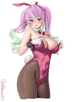 1girl ahoge animal_ears artist_name blush bow bowtie breasts commentary_request covered_navel cropped_legs detached_collar ebifurya fake_animal_ears fake_tail fang gloves gradient_hair green_hair hair_between_eyes hair_intakes highleg highleg_leotard highres kantai_collection large_breasts leotard long_hair momo_(kancolle) multicolored_hair one-hour_drawing_challenge open_mouth pantyhose pink_hair pink_leotard playboy_bunny rabbit_ears rabbit_tail sidelocks simple_background solo strapless strapless_leotard tail traditional_bowtie twitter_username white_background white_gloves