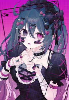 1girl aqua_bow arm_warmers bandaged_arm bandages bandaid bandaid_on_cheek bandaid_on_face bandaid_on_finger bandaid_on_hand black_arm_warmers black_bow black_choker black_eyes black_hair black_hairband black_nails black_ribbon black_shirt blue_hair bow bow_hairband breasts chain choker commentary cowlick cross cross-laced_clothes cross-laced_hairband cross-laced_sleeves cross-laced_top crossed_bandaids double-parted_bangs dress drooling fang frilled_choker frilled_hairband frilled_shirt frilled_sleeves frills from_above gauze gauze_on_cheek gauze_on_neck gradient_hair hair_between_eyes hair_bow hair_ornament hair_tie hairband hands_up heart heart_hair_ornament heterochromia highres index_fingers_raised jewelry long_hair mouth_drool multicolored_hair nail_polish open_mouth original pink_arm_warmers pink_background pink_bow pink_eyes pink_hair plaid_clothes plaid_dress polka_dot polka_dot_bow puffy_short_sleeves puffy_sleeves purple_bow raised_inner_eyebrows ribbon ring shirt short_sleeves simple_background single_arm_warmer skin_fang small_breasts solo spiked_choker spikes streaked_hair striped_arm_warmers symbol-only_commentary tareme tongue touyu_1210 twintails two-tone_bow upper_body very_long_hair white_arm_warmers window_(computing) x_fingers x_hair_ornament