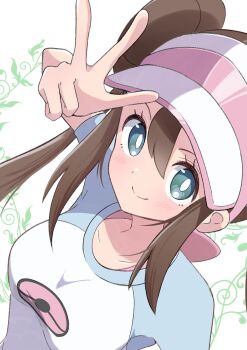 1girl blue_shirt blush breasts brown_hair commentary_request donut_hair_bun double_bun green_eyes hair_between_eyes hair_bun hand_up highres long_hair looking_at_viewer medium_breasts nintendo poke_ball_print pokemon pokemon_black_2_and_white_2 rono_(lethys) rosa_(pokemon) shirt shorts simple_background smile solo two-tone_shirt visor_cap white_background white_shirt yellow_shorts