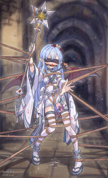 1girl absurdres alternate_costume alwen_du_moonbria architecture ball_gag bat_wings bdsm blindfold blue_hair blush body_writing bondage bound bound_ankles bound_arms bound_legs collar crotch_rope dated drooling egg_vibrator female_focus forced_orgasm full_body gag gagged hair_ornament highres holding holding_staff indoors japanese_clothes loli long_hair nero_augustus obi okobo platform_sandals pointy_hair pussy_juice pussy_juice_puddle pussy_juice_trail reaching reaching_towards_viewer saliva saliva_trail sandals sash sex_toy shibari shibari_over_clothes slave solo staff standing stone_floor tabi tally thighhighs twitter_username very_long_hair vibrator vibrator_in_thigh_strap vibrator_under_clothes white_thighhighs wide_sleeves wiffle_gag wings zwei_2