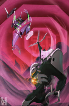 Rule 34 | angel (evangelion), arm up, at field, commentary, dagger, english commentary, eva 01, glowing, glowing eyes, highres, holding, holding dagger, holding knife, holding weapon, jumping, knife, mecha, mecha focus, neon genesis evangelion, no humans, outdoors, rebuild of evangelion, robot, sachiel (evangelion), sidvenblu, signature, weapon