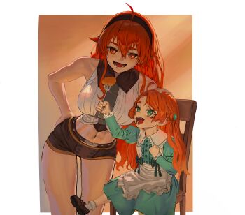 2girls absurdres ahoge apron bare_arms bare_shoulders black_hairband breasts brown_shoes brown_shorts chair chicken_nuggets child christina_greyrat collared_dress commentary_request commission cowboy_shot crop_top crossed_bangs dress eating eris_greyrat feeding fork frilled_apron frills gktgktep green_dress green_eyes hair_between_eyes hairband hand_on_another's_head hand_on_own_hip highres holding holding_fork juliet_sleeves large_breasts leaning_forward long_hair long_sleeves midriff mother_and_child mother_and_daughter multiple_girls mushoku_tensei navel on_chair open_mouth parent_and_child pixiv_commission puffy_sleeves red_eyes red_hair shirt shoes short_shorts shorts sitting smile socks standing very_long_hair white_apron white_shirt white_socks