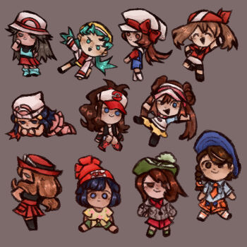 6+girls bandana baseball_cap beanie black_pantyhose black_vest blue_overalls boots bow braid brown_hair cardigan chibi chibi_only cutoffs dawn_(pokemon) donut_hair_bun double_bun eyewear_on_headwear floral_print gloria_(pokemon) green_hat green_shorts grey822aaa grey_cardigan hair_bun hat hat_bow high_ponytail highres hilda_(pokemon) juliana_(pokemon) kris_(pokemon) leaf_(pokemon) loose_socks lyra_(pokemon) may_(pokemon) multiple_girls naranja_academy_school_uniform necktie newsboy_cap nintendo open_clothes open_vest orange_necktie orange_shorts overalls pantyhose pantyhose_under_shorts pink_boots pink_hat pink_skirt plaid_clothes plaid_socks poke_ball_print poke_ball_theme pokemon pokemon_bw pokemon_bw2 pokemon_dppt pokemon_frlg pokemon_gsc pokemon_hgss pokemon_rse pokemon_sm pokemon_sv pokemon_swsh pokemon_xy ponytail porkpie_hat red_bandana red_hat red_scarf red_shirt red_skirt rosa_(pokemon) scarf school_uniform selene_(pokemon) serena_(pokemon) shirt shorts skirt sleeveless sleeveless_shirt socks sunglasses tam_o&#039;_shanter tied_shirt twintails vest visor_cap white-framed_eyewear white_hat wristband yellow_hat yellow_shirt yellow_shorts