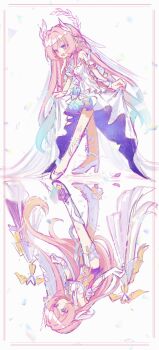 2girls black_shorts boots commentary company_connection corset cyrene_(honkai:_star_rail) cyrene_(ripples_of_past_reverie)_(honkai:_star_rail) dress elysia_(herrscher_of_human:_ego)_(honkai_impact) elysia_(honkai_impact) gloves halo high_heels highres honkai:_star_rail honkai_(series) honkai_impact_3rd inoue_marina mi_(27782900) multicolored_hair multiple_girls pink_hair purple_eyes short_shorts shorts simple_background smile symbol-only_commentary two-tone_hair voice_actor_connection white_background white_boots white_corset white_dress white_gloves white_hair yanning