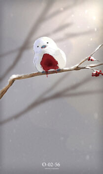 animal animal_focus bare_tree beak bird blood blurry blurry_background branch character_name copyright_name grey_sky hashtag-only_commentary highres lobotomy_corporation looking_at_viewer motoiwork no_humans outdoors project_moon punishing_bird sitting sitting_on_branch sky snow snowing solo tree white_bird winter