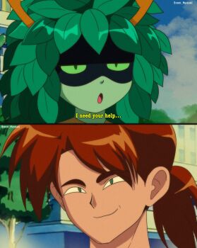 1990s_(style) 1boy 1girl adventure_time adventure_time:_fionna_and_cake brenni_murasaki colored_sclera colored_skin commentary english_commentary eye_mask green_hair green_sclera green_skin hair_branch highres horns hunter_(adventure_time) huntress_wizard leaf looking_at_viewer mask plant_hair ponytail retro_artstyle scene_reference