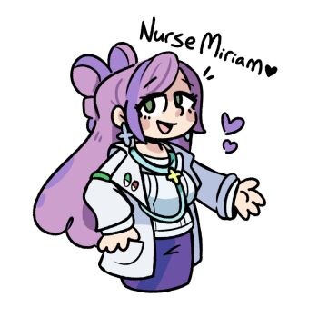 1girl blush blush_stickers bow-shaped_hair character_name coat cowboy_shot dawn_(paper_dawn) earrings english_text flower_earrings green_eyes hand_on_own_hip heart jewelry lab_coat long_hair long_sleeves looking_at_viewer miriam_(pokemon) multicolored_hair nintendo notice_lines open_clothes open_coat open_hand pencil_skirt pink_hair pokemon pokemon_sv purple_hair school_nurse skirt smile solo stethoscope streaked_hair sweater swept_bangs white_background white_coat white_sweater