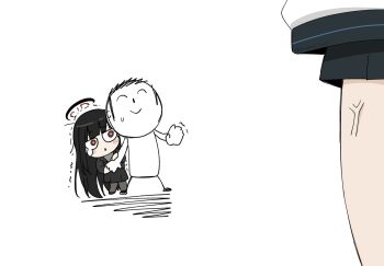 Rule 34 | 1boy, 2girls, anger vein, black hair, black halo, black skirt, blue archive, blush stickers, bright pupils, character request, check character, chibi, closed mouth, commentary request, doodle sensei (blue archive), full body, grey pantyhose, halo, highres, long hair, looking at another, miniskirt, motion lines, multicolored halo, multiple girls, nagomu 7 56, pantyhose, parted lips, red eyes, rio (blue archive), scared, sensei (blue archive), shaking, simple background, skirt, solo, standing, sweatdrop, tearing up, two-tone halo, very long hair, white background, white pupils, yuuka (blue archive)