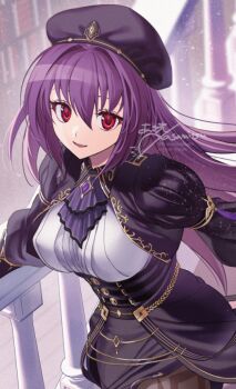 Rule 34 | 1girl, asamitsu (n morninglight), ascot, beret, black coat, black hat, black skirt, breasts, brooch, brown pantyhose, coat, commentary request, fate/grand order, fate (series), hat, jewelry, large breasts, long hair, long sleeves, looking at viewer, open mouth, pantyhose, pencil skirt, purple hair, red eyes, scathach (celebratory attire) (fate), scathach (fate), scathach skadi (fate), shirt, skirt, smile, solo, white shirt