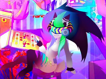 1girl arcade arcade_(league_of_legends) rabbit colored_skin cyber dollachan fingerless_gloves gloves headphones highres kindred_(league_of_legends) league_of_legends multicolored_hair rainbow tail technology white_skin