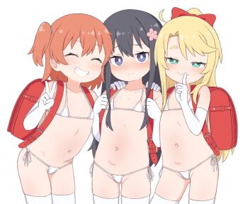 3girls backpack bag bikini black_hair blonde_hair blush bow closed_eyes closed_mouth collarbone commentary commission cowboy_shot elbow_gloves english_commentary facing_viewer flat_chest flower gloves green_eyes hair_bow hair_flower hair_ornament half_updo highres himesaka_noa hoshino_hinata loli long_hair looking_at_viewer medium_hair micro_bikini multiple_girls navel one_side_up parted_lips pixiv_commission purple_eyes randoseru red_bag red_bow red_hair shirosaki_hana side-tie_bikini_bottom simple_background smile string_bikini swimsuit thighhighs tooteki watashi_ni_tenshi_ga_maiorita! white_background white_bikini white_gloves white_thighhighs