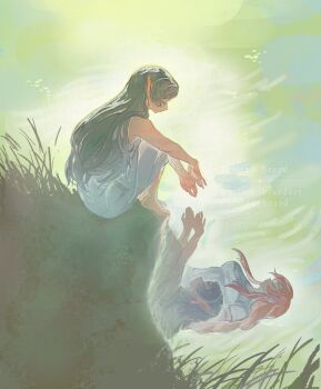 Rule 34 | 2girls, absurdres, bare arms, bare shoulders, barefoot, breasts, brown hair, closed eyes, different reflection, dress, earrings, elf, flamme (sousou no frieren), frieren, grey hair, hashtag-only commentary, highres, jewelry, long dress, medium breasts, multiple girls, parted bangs, pointy ears, reflection, sitting, sleeveless, sleeveless dress, sousou no frieren, tristanbrardart, white dress