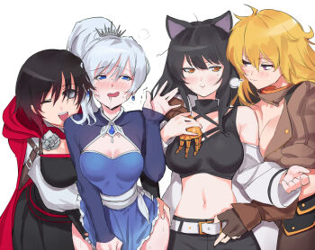 4girls :3 animal_ears belt black_hair blake_belladonna blonde_hair blush breasts cat_ears cleavage dress dress_tug grabbing_another&#039;s_breast groping highres implied_fingering looking_at_another md5_mismatch multicolored_hair multiple_girls negresco prosthesis prosthetic_arm red_hair resolution_mismatch ruby_rose rwby silver_hair simple_background smile source_larger tiara two-tone_hair undressing weiss_schnee yang_xiao_long yuri
