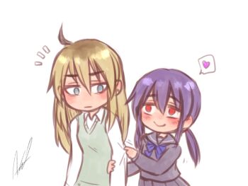 Rule 34 | 2girls, ahoge, aosora (mizore), black serafuku, black shirt, black skirt, blonde hair, blue bow, blue bowtie, blue eyes, blush, bow, bowtie, closed mouth, collared shirt, commentary request, empty eyes, grabbing another's arm, green sweater vest, hair between eyes, hayano yuuki, heart, long hair, long sleeves, looking at viewer, low twintails, multiple girls, notice lines, original, pleated skirt, purple hair, red eyes, sailor collar, school uniform, serafuku, shirt, sidelocks, signature, simple background, skirt, smile, speech bubble, spoken heart, sweater vest, twintails, upper body, white background, white shirt, yazaki shiori, yuri