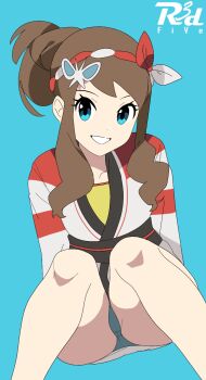 1girl aqua_panties artist_name ass blue_background blue_eyes brown_hair commentary_request eyelashes grin hairband happy highres hilda_(pokemon) hilda_(summer_2022)_(pokemon) jacket japanese_clothes knees looking_at_viewer nintendo official_alternate_costume panties pokemon pokemon_masters_ex r3dfive shirt sidelocks simple_background skirt smile solo teeth underwear white_skirt wide_hips yellow_shirt