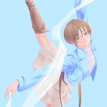 1girl and_fersent arabesque_(pose) arms_up ballet blue_background blue_jacket boots brown_boots brown_hair commentary cowboy_shot frilled_skirt frills green_eyes harumiya_yukuri highres ikizulive!_love_live!_bluebird jacket layered_skirt long_sleeves love_live! miniskirt open_clothes open_jacket ribbed_sweater short_hair simple_background skirt solo split standing standing_on_one_leg standing_split sweater white_skirt white_sweater