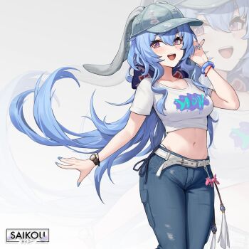 1girl alternate_costume animal_ears baseball_cap belt blue_hair blue_nails blue_pants bow bracelet breasts cbmus clothes_writing commentary cosplay crop_top denim ears_through_headwear fake_animal_ears floating_hair ganyu_(genshin_impact) genshin_impact grey_hat hair_bow hand_up hanni_(newjeans) hanni_(newjeans)_(cosplay) hat highres jeans jewelry k-pop long_hair looking_at_viewer medium_breasts midriff nail_polish navel newjeans omg_(newjeans) open_mouth pants panty_straps pink_eyes rabbit_ears second-party_source shirt short_sleeves smile solo standing stomach torn_clothes torn_pants very_long_hair watch wavy_hair white_background white_shirt wristwatch y2k_fashion zoom_layer