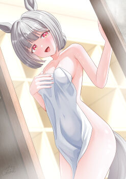1girl absurdres animal_ears bare_shoulders blush breasts commentary_request covered_navel gamel_120 grey_hair hair_between_eyes highres horse_ears horse_girl horse_tail looking_at_viewer medium_breasts naked_towel open_mouth red_eyes short_hair smile solo tail towel umamusume white_hair yunohana_bloom_(umamusume)