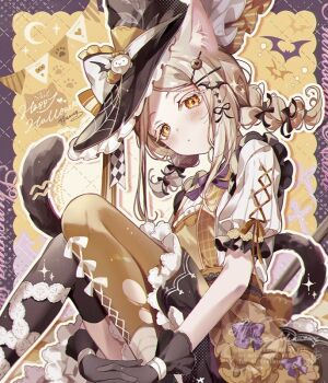 1girl animal_ears asymmetrical_legwear bat_(animal) bat_hair_ornament black_gloves black_hat blonde_hair braid brown_eyes cat_ears cat_girl cat_tail closed_mouth coco7 colored_eyelashes crescent_moon cross-laced_clothes cross-laced_sleeves dress gakuen_idolmaster gloves hair_ornament hairclip hat idolmaster kemonomimi_mode looking_at_viewer mismatched_legwear moon outline own_hands_together puffy_short_sleeves puffy_sleeves shinosawa_hiro short_sleeves solo squiggle tail thighhighs twin_braids watermark witch_hat