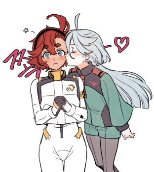 2girls akdrh25 asticassia_school_uniform black_pantyhose blue_eyes blush closed_eyes closed_mouth commentary_request green_jacket green_shorts grey_hair gundam gundam_suisei_no_majo heart jacket kiss kissing_cheek korean_commentary korean_text long_hair miorine_rembran multiple_girls pantyhose red_hair school_uniform shorts simple_background spacesuit suletta_mercury thick_eyebrows translation_request white_background yuri