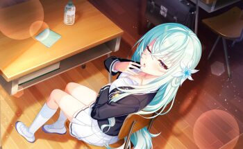 Rule 34 | 1girl, blue hair, blurry, blush, bokeh, bottle, chair, commentary request, depth of field, desk, flower, from above, game cg, hair between eyes, hair flower, hair ornament, highres, indoors, jacket, kneehighs, lilja kurtbay, long hair, long sleeves, looking at viewer, official art, on desk, one eye closed, open mouth, pleated skirt, school desk, school uniform, shoes, sitting, skirt, socks, solo, table, third-party source, very long hair, water bottle, white skirt, wooden floor, world dai star