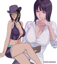 Rule 34 | 1girl, black hair, blue eyes, book, breasts, cleavage, collared shirt, commentary, cowboy hat, cross-laced clothes, cross-laced top, english commentary, hat, holding, holding book, large breasts, medium hair, midriff, multiple views, navel, nico robin, one piece, patreon username, purple hat, purple shorts, shirt, short shorts, shorts, smile, uukkaa, white background, white shirt