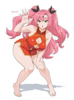 1girl absurdres artist_name bare_shoulders barefoot black_ribbon breasts china_dress chinese_clothes clothing_cutout commentary dress earrings english_commentary feet full_body green_eyes hair_ornament hairclip hand_on_own_leg heart heart_earrings highres jewelry large_breasts leaning_forward long_hair looking_at_viewer melowh mole mole_on_breast mole_under_eye nicole_demara open_mouth pink_hair red_dress ribbon shadow simple_background solo standing two_side_up waving white_background yellow_trim zenless_zone_zero