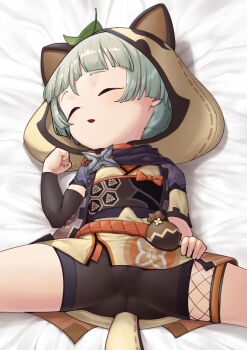1girl animal_ears animal_hood bed_sheet bike_shorts black_scarf black_shorts blunt_bangs cameltoe closed_eyes fake_animal_ears fake_tail fishnets genshin_impact gluteal_fold grey_hair hood japanese_clothes kimono leaf leaf_on_head loli lying obi on_back open_mouth orange_kimono purple_kimono raccoon_ears raccoon_tail sash sayu_(genshin_impact) scarf short_hair short_kimono short_shorts short_sleeves shorts shuriken sleeping solo spread_legs suzumiya_ran tail thighs weapon yellow_kimono
