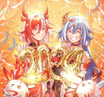 2024 2girls animal bare_shoulders bird black_gloves black_nails chinese_clothes closed_mouth dual_persona eudaemonm fingerless_gloves fu_hua fu_hua_(garuda) herrscher_of_sentience gloves grey_hair hair_between_eyes hand_on_another&#039;s_shoulder happy_new_year honkai_(series) honkai_impact_3rd jewelry jingwei_(bird) long_hair low-tied_long_hair multiple_girls new_year red_eyes red_hair second-party_source smile white_hair