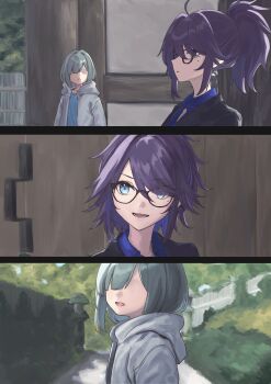 2girls absurdres ahoge blue_eyes blue_hair breasts cleavage commentary_request g9_(jiiku) glasses highres indie_virtual_youtuber kson kson_(person) large_breasts long_hair mole mole_under_eye multicolored_hair multiple_girls ponytail purple_hair real_life smile streaked_hair virtual_youtuber vshojo