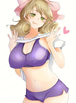 1girl :p breasts brown_hair clothes_lift green_eyes hair_ribbon haruka_(senran_kagura) heart kinako_(mzknk0) large_breasts medium_hair micro_shorts midriff ribbon senran_kagura shirt_lift shorts sports_bra tongue tongue_out white_background