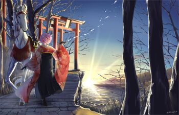 1girl 2026 absurdres backlighting brick_stairs commentary_request hakama highres horse japanese_clothes kimono multiple_torii parted_lips pink_hair red_eyes red_kimono s-masa_7131 scenery short_hair signature stairs standing sunrise torii white_horse