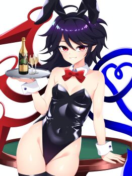 Rule 34 | 1girl, absurdres, ahoge, alcohol, animal ear hairband, animal ears, asymmetrical wings, black hair, black leotard, black thighhighs, blue wings, bow, bowtie, breasts, champagne, champagne flute, cipher (user watm8555), cleavage, commentary request, covered navel, cup, detached collar, drinking glass, fake animal ears, grin, hairband, highleg, highleg leotard, highres, holding, holding tray, houjuu nue, leotard, medium hair, playboy bunny, pointy ears, rabbit ear hairband, rabbit ears, rabbit tail, red bow, red bowtie, red eyes, red wings, small breasts, smile, solo, strapless, strapless leotard, table, tail, thighhighs, touhou, tray, white wrist cuffs, wings, wrist cuffs