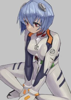 Rule 34 | 1girl, ayanami rei, blue hair, bodysuit, breasts, commentary request, grey background, hair between eyes, hair ornament, hands on own legs, headgear, highres, indian style, mecha pilot suit, medium hair, michibata anko, neon genesis evangelion, plugsuit (evangelion), red eyes, science fiction, sitting, small breasts, white bodysuit
