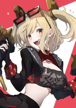 Rule 34 | 1girl, 99noe honoka, :d, black gloves, black jacket, black skirt, blonde hair, breasts, burnice white, cleavage, commentary, eyewear on head, flamethrower, gloves, hair ornament, hands up, highres, holding flamethrower, holding weapon, jacket, large breasts, looking at viewer, midriff, navel, open mouth, red-tinted eyewear, red eyes, shirt, short hair, simple background, skirt, smile, solo, untranslatable commentary, teeth, tinted eyewear, turtleneck, turtleneck shirt, twintails, upper body, upper teeth only, zenless zone zero