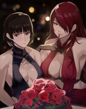2girls bare_shoulders black_bra black_dress black_hair bouquet bra braid breasts cleavage closed_mouth crown_braid dress earrings elbow_gloves evening_gown female_focus finger_to_mouth flower gloves hair_over_one_eye highres j@ck jewelry kirijou_mitsuru large_breasts long_hair looking_at_viewer matching_hair/eyes mature_female medium_breasts multiple_girls niijima_makoto persona persona_3 persona_5 red_dress red_eyes red_flower red_hair red_rose rose short_hair sleeveless sleeveless_dress underwear upper_body valentine
