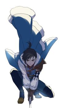 1boy aqua_cape aqua_tunic armor belt black_hair brown_belt brown_gloves brown_shoes cape chest_belt closed_mouth felix_hugo_fraldarius felix_hugo_fraldarius_(timeskip) fire_emblem fire_emblem:_three_houses floating_cape floating_clothes floating_hair full_body fur-trimmed_cape fur-trimmed_gloves fur_trim gloves highres holding holding_sword holding_weapon kneeling leather_armor long_sleeves looking_ahead male_focus nintendo orange_eyes pants pauldrons ponytail shoes short_ponytail shoulder_armor simple_background single_pauldron solo sword tassel tunic un_tapoi weapon white_background white_fur